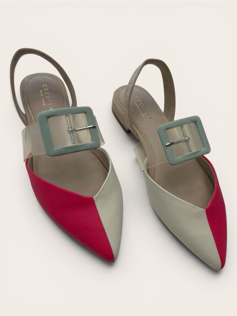 CECILIA NEW YORK Two-Tone Pointed Slingback Flats in Pink and Cream